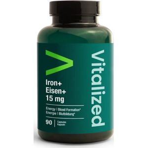Vitalized - IJzer+ - 15 mg - 90 Capsules - Maagvriendelijk en Goed Opneembaar - Voedingssupplementen