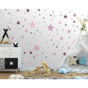 Muurstickers Sterren voor de Kinderkamer - Pastelkleurige Decoratie Set - Grijs, Roze, Paars