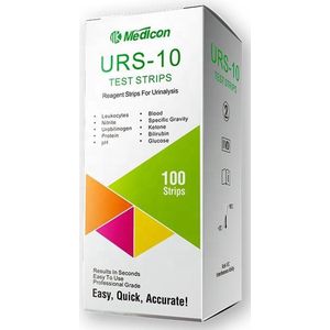 Medicon 10 Urine Test - 100 Urinetest Strips - Urine - 10 parameters - Leukocyten - Nitriet - Urobilinogeen - Ketonen - Eiwitten - pH - Bloed - Soortelijk gewicht - Bilirubine - Glucose - Ketonentest - Blaasonsteking