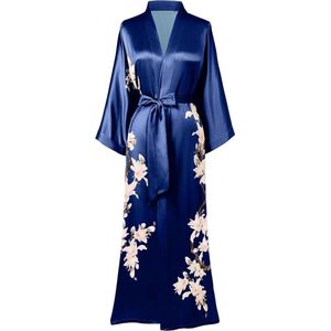 Ochtendjas met bloemenprint en lange kimono-stijl in navyblauw