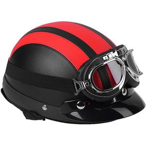 Motorhelm, 54-60 cm, open helm van leer en zachte voering, ingebed met UV-bestendige bril (rood)