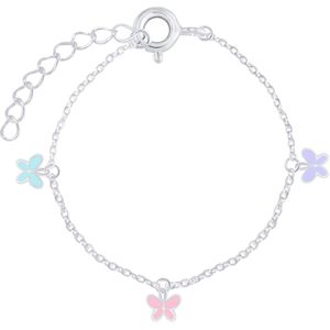 Joy|S - Zilveren vlinder bedel armband - 3 vlinders - roze vlinder - paarse vlinder - blauwe vlinder - 14 cm + 3 cm - voor kinderen