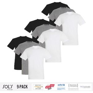 9 Pack Sol's Heren T-Shirt 100% biologisch katoen Ronde hals Zwart, Grijs en Wit Maat S