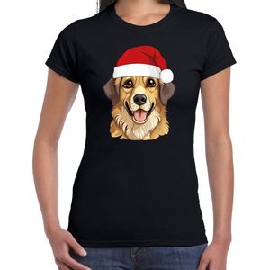 Bellatio Decorations Kerst T-shirt voor dames - Golden Retriever hond - met kerstmuts - zwart - Kerstfeest XS