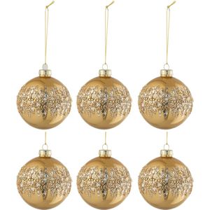 J-Line Doos Van 6 Kerstballen Rond Glitter Goud Glas Blinkend Oker
