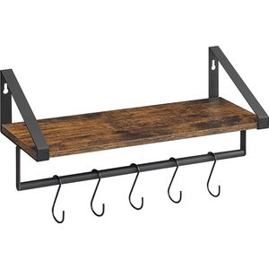 Wandrek met kledingstang, zwevende plank, wandplank, met plank, 5 haken, opslag, aan de muur, voor keuken, slaapkamer, hal, entree, vintage bruin-zwart LWS420B01