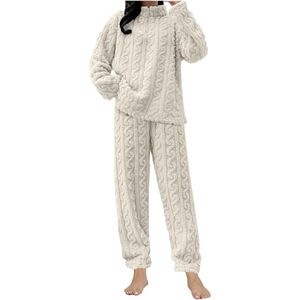 Dames Coral Fleece Pyjamaset - Zachte, pluizige en comfortabele pyjamaset - Dames Pluche Pyjamaset - Warme en comfortabele dikke pluche Coral Fleece Set voor de winter - Dames Loungewear Pyjama's - Wit - One Size
