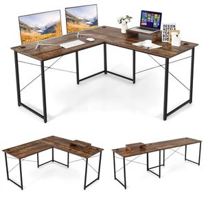L-vormige computertafel voor 2 personen, bureau met monitorstandaard, kabelgaten, ijzeren buisframe, verstelbaar voetkussen, hoekbureau voor werkkamer, slaapkamer, kantoor (bruin)