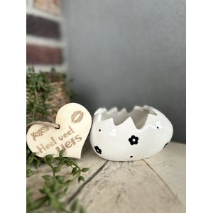 Creaties van Hier - Schaaltje met houten hartje (voor paaseitjes) - 12 cm - Porselein - Pasen