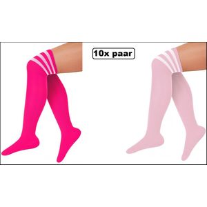 10x Paar Lange sokken pink en roze met strepen - maat 36-41 - Lieskousen - Barbie kniekousen sportsokken cheerleader carnaval voetbal hockey unisex festival