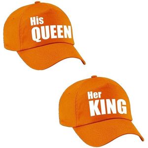 Her King en His Queen petten / caps oranje met witte letters voor volwassenen - Koningsdag - bruiloft - cadeaupetten / feestpetten voor koppels