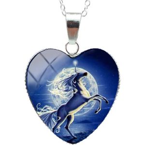 Verzilverde Bedel Paard| Hanger | Kinder Ketting Cadeau | Blauw| Hart Sierraad | Cadeau