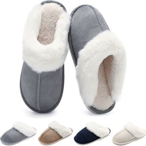 Geweo Dames Pantoffels - Heren Sloffen - Kastanje - Antislip- Grijs -Maat 40/41 -met Fleece & Geheugen Schoenzool