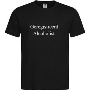 T-shirt Unisex Volwassenen Grappig Tekst ""Geregistreerd Alcoholist"" Op Voorkant | korte mouw | Zwart/wit | maat XL