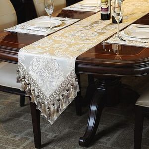 TOPLUXE Table Runner with Tassels, Jacquard Tablecloth for Dining Table Holiday Party Living Room Decoration 33x274cm, Light Apricot