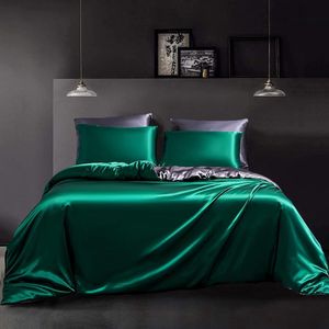 Satijnen beddengoed, 3-delig, omkeerbaar, 200 x 200 cm, groen-grijs, donkergrijs, effen, elegant dekbedovertrek met ritssluiting en 2 kussenslopen 80 x 80 cm