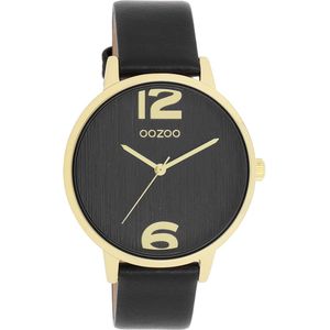 OOZOO Timepieces - Goudkleurige OOZOO horloge met zwarte leren band - C11239