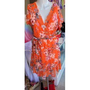 Oranje jurk met bloemen ONE SIZE 36 TOT 40