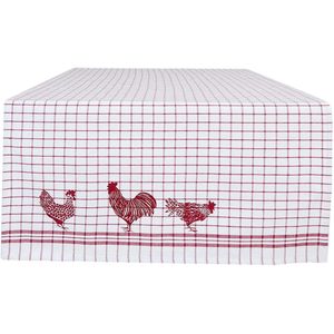 Clayre & Eef - Tafelloper - Landelijk - geruit - Kippen & Hanen - Country Side Chicken - Rood - 50 x 140 cm