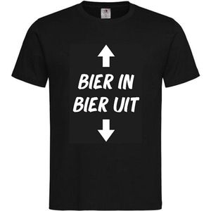 T-shirt Unisex Volwassenen Grappig Tekst ""BIER IN BIER UIT"" Op Voorkant | korte mouw | Zwart/wit | maat M