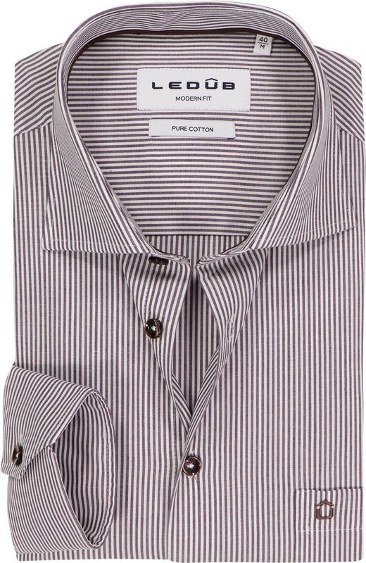 Ledub - Modern Fit - Overhemd - Donkerbruin Gestreept - Strijkvriendelijk