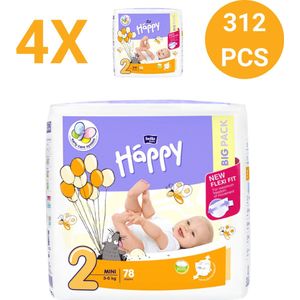 Bella Baby Happy Luiers Maat 2 Mini 3-6 kg (78 stuks Per Pak) , pak van 4 combo, vochtindicator, Flexi Fit, premium kwaliteit luiers - 312 stuks