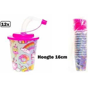 12x Herbuikbare Drinkbekers Eenhoorn 250ml met deksel en rietje - Unicorn - Drinken sap limonade fris fun