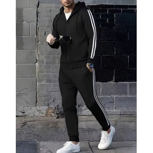 2 delige heren set hoodie trui met rits + broek zwart met witte strepen trainingspak joggingspak maat L