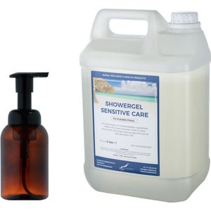 Zeepdispenser 300 ml amber bruin hervulbaar + 5 liter Showergel Sensitive Care navulling