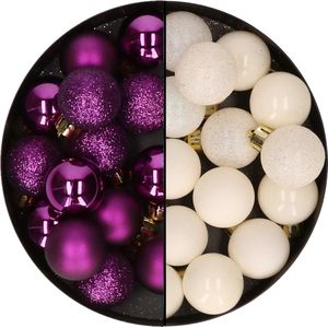 Decoris kleine kerstballen - 28x st - wol wit en paars - 3 cm - kunststof