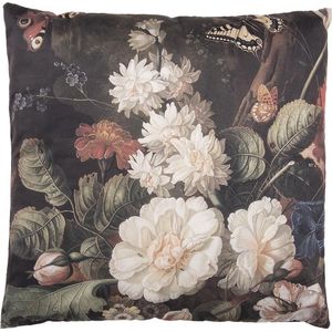 Clayre & Eef Sierkussen 45x45 cm Zwart Wit Synthetisch Vierkant Bloemen Kussenhoes met Kussenvulling