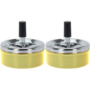 Set van 2x stuks ronde draaiasbak/drukasbak metaal 10 cm geel voor binnen/buiten