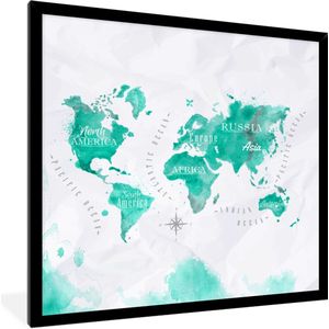 Fotolijst incl. Poster - Waterverf - Wereldkaart - Turquoise - 40x40 cm - Posterlijst