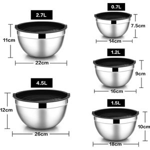 Set van 5 roestvrijstalen slakommen met luchtdicht deksel, 4,5 l/2,7 l/1,5 l/1,2 l/0,7 l, ideaal voor koken/bakken/opslaan, stapelbaar & vaatwasmachinebestendig, zwart