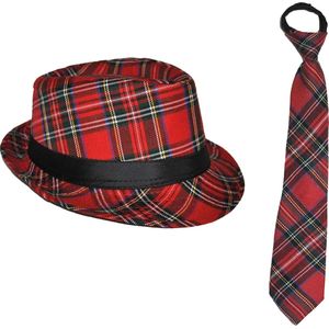 Carnaval Schotse ruit thema verkleed set - hoedje en stropdas - rood tartan - heren