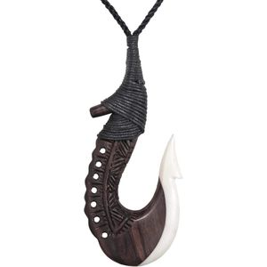 Handgesneden Houten Gegraveerde Maori Hei Matau Hanger Ketting voor Dames en Heren