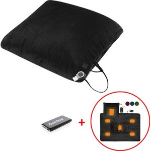Sorprese Draadloos Warmtekussen - Elektrisch Verwarmd Kussen met Powerbank (10.000mAh) - 2-in-1 Warmtedeken - Zwart - 3 Warmtestanden - 36x36 cm & 105x150 cm - Fleece Deken