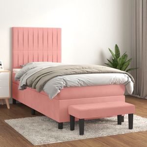 The Living Store Bed Frame - Roze - 203x100x118/128 cm - Fluwelen stof - Verstelbaar hoofdbord - Pocketvering matras - Middelharde ondersteuning - Huidvriendelijk topmatras - Multifunctioneel bankje