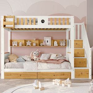 Sweiko Kinderbed, Stapelbed met Trap, Ruime Opbergruimte, Grenen en medium density fiberboard frame, babywieg met 4 opbergkasten op de trap, anti valrooster en 2 lades, open plank, Wit+Natural, 90x200cm (Geen matras)