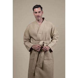 Sauna Wafel Badjas Heren – Cozylion – 100% Duurzaam Katoen – Oeko-Tex – Beige – Kimono Stijl – Wafel Badjassen Mannen – Sauna & Wellness Ochtendjas voor Man