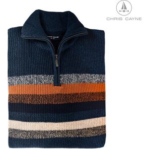 Chris Cayne donkerblauwe schipperstrui met geplaatste streep - maat L - heren trui L - kleur donkerblauw met streeppatroon in pompoen kleur - los gebreid - heren pullover met korte rits - herenmode - herenkleding - gebreid
