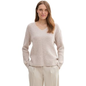 TOM TAILOR - Trui - Beige - Knitwear - V-hals - Losse Pasvorm - Lange Mouw
