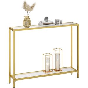 Haltafel met planken 100 cm bijzettafel salontafel gehard glas modern voor tentoonstelling metalen frame voor woonkamer en hal goudkleurig