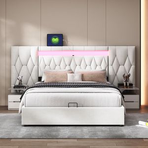 KOMHTOM Bed Tweepersoonsbed 140x200 cm Kofferbed met grote rugleuning LED- en USB-aansluiting Beige