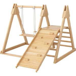 Glijbaan en schommel voor kinderen, houten speelgoed voor kinderen. Gemaakt van massief grenenhout en multiplex. 3 in 1 kinderspeelgoed met klimrek, schommel, glijbaan, combinatiespeelgoed voor binnen.