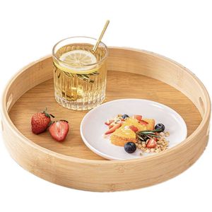 Bamboe dienblad, rond dienblad hout met handgrepen en verhoogde rand, dienblad voor eten wijn koffie thee fruit maaltijden (35 x 35 x 5 cm)