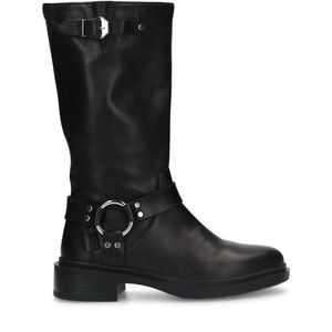 Manfield - Dames - Zwarte leren biker boots met zilverkleurige gesp - Maat 42