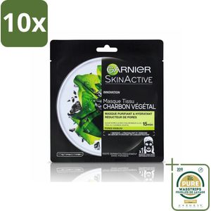 10 x Garnier - SkinActive - Tissue Masker - Charcoal - 1 Gezichtsmasker - Grootverpakking - Huidzuiveren - Huidhydraat - Huidstructuur - Poriën Verfijnen - Houtskool Masker