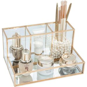 Gouden glazen cosmetica-organizer make-upkwastenhouder - transparante beauty-houder voor make-up - decoratieve opbergplek voor cosmetica - 20 x 14 x 10 cm