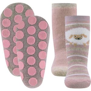 Ewers Antislipsok - 2-Pack - Wit Schaap en Wit/Ecru Streepjes & Effen Oudroze - Oudroze Sokken - Ecru/Beige Accenten - Antislipnopjes - maat 17/18